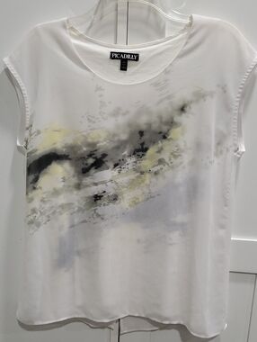 Picadilly Fashion White Top with Black, Gray and Pale Yellow Abstract Print